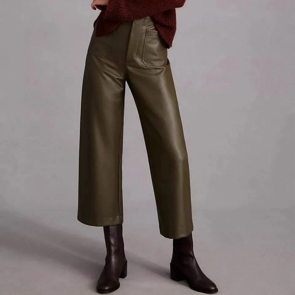 Anthropologie Colette Faux Leather Wide Leg Crop Pants Moss Olive Green Sz 30